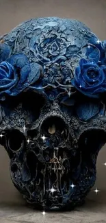 Floral skull with blue roses mobile wallpaper.