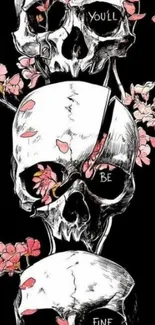 Artistic skull wallpaper with pink blossoms on a dark background.