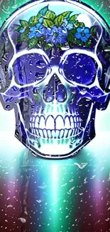 Neon skull art with floral patterns on a colorful background.