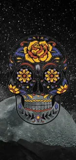 Floral skull artwork in space with a moon and starry background.