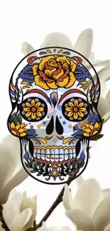 Colorful floral skull on white flower background wallpaper