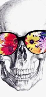 Skull with floral sunglasses on white background.