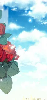 Wallpaper with red roses against a vibrant blue sky.