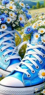 Blue sneakers with daisies in a sunlit field.