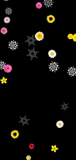 Elegant wallpaper with colorful flowers and snowflakes on a black background.