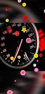 Dynamic floral speedometer wallpaper with colorful flowers on a car dashboard.