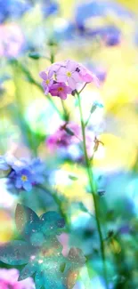 Mobile wallpaper with blue and pink wildflowers blooming.