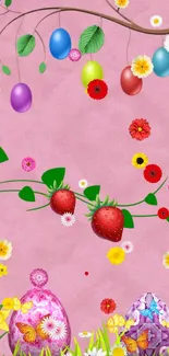 Vibrant spring floral mobile wallpaper with colorful eggs.