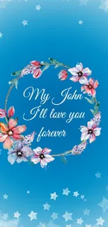 Blue floral wreath wallpaper with stars and love inscription.