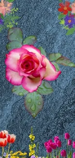 Floral wallpaper with vibrant flowers on dark textured stone.