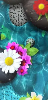 Vibrant wallpaper with stones and flowers underwater