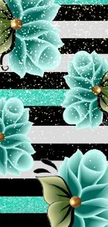 Aqua floral striped mobile wallpaper design.