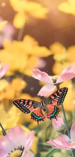 A vibrant garden with flowers and butterfly under sunlight, ideal for mobile wallpaper.