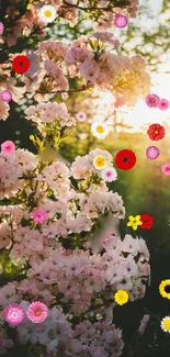 Pink cherry blossoms with sunlight and colorful flowers mobile wallpaper.