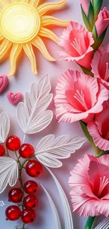 Vibrant floral art with sun and pink flowers on mobile wallpaper.