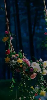 Floral swing in a mysterious forest at night.