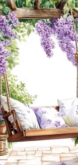 Peaceful garden swing with lavender flowers.
