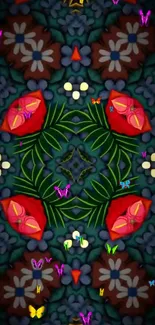 Colorful floral and butterfly pattern wallpaper in a symmetrical design.