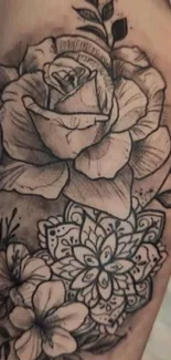 Detailed floral tattoo arm design featuring roses and patterns.