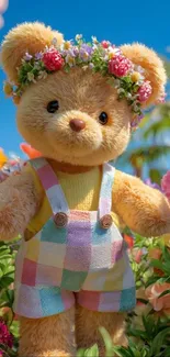 Teddy bear with floral crown in a vibrant garden.