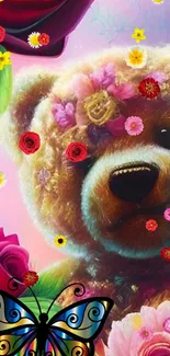 Teddy bear with floral and butterfly design on a pink background wallpaper.