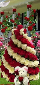 A garden scene with teddy bears and floral arrangements.