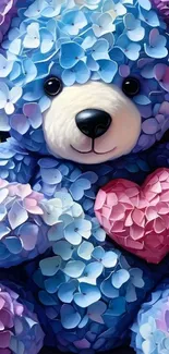 Blue floral teddy bear with pink heart detail.