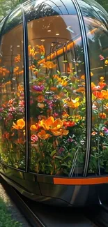 A glass tram filled with bright, colorful flowers on a lush green track.