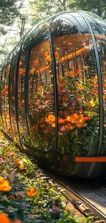Vibrant floral tram in a lush forest setting