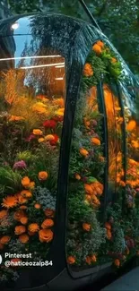 A city tram covered with vibrant flowers creating a unique urban scene.