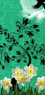 Artistic mobile wallpaper with teal background, floral tree, and daffodils.