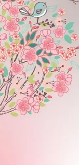 Whimsical floral tree with birds and pink blossoms on a mobile wallpaper.