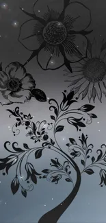 Black floral design against a starry dark gray background wallpaper.