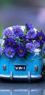 Vintage van with purple flowers and turquoise background.