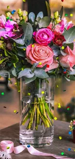 Pink and violet floral bouquet in glass vase wallpaper.