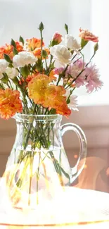 Colorful flowers in a glass vase on a sunlit wooden table.