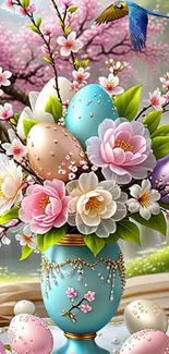 Vibrant floral vase with Easter eggs and a bird against a cherry blossom backdrop.