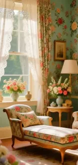 Vintage living room with floral wallpaper and elegant decor.