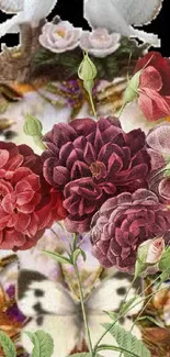 Vintage floral wallpaper with roses, creating an elegant moody effect.