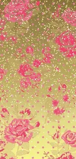 Elegant vintage floral wallpaper with pink roses on a soft yellow background.