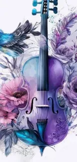 Purple violin with flowers and bird in artistic style background.