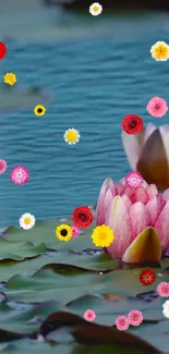 Phone wallpaper with pink lotus and flowers on a blue water background.