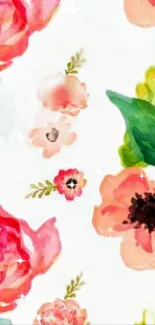 Floral watercolor wallpaper with pink and red flowers on a light background.