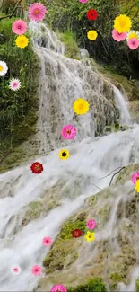 A serene waterfall with colorful flowers cascading down the lush greenery.