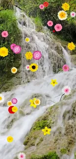 A scenic waterfall adorned with colorful flowers cascading down in nature.