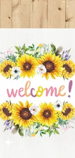 Vibrant floral welcome wallpaper with sunflowers and wooden background.