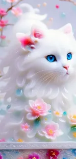 Artistic white cat with cherry blossoms in a colorful design.