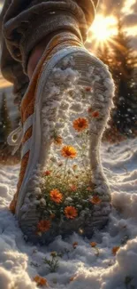 Sneaker print with flowers in snow under sunset