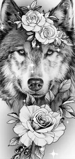 A black and white wolf decorated with flowers.