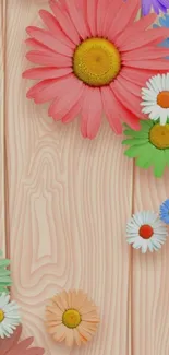 Colorful floral wallpaper with wooden texture.